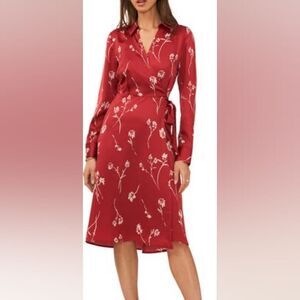 Halogen Faux Wrap Long Sleeve Floral Print Midi Dress NWOT